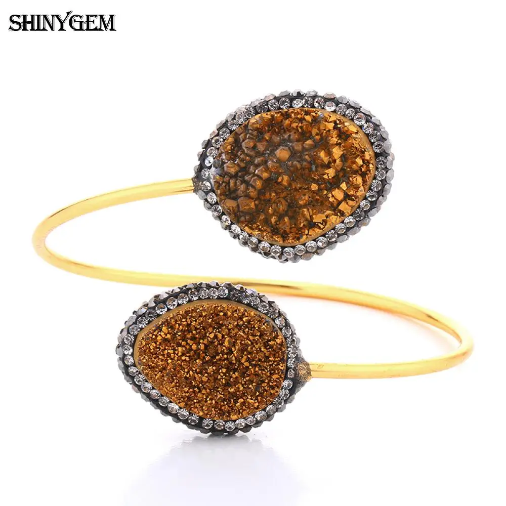 ShinyGem винтажный Регулируемый большой браслет с камнями Друза браслеты гладкое золотое покрытие с большим природным камнем открытые манжеты браслеты для женщин
