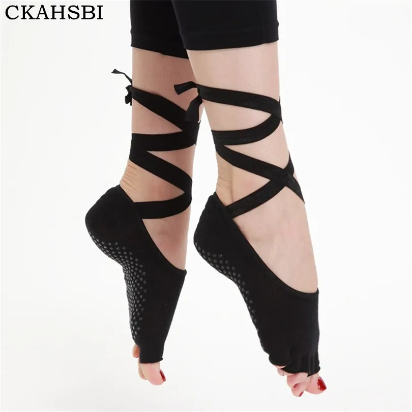 

CKAHSBI Yoga Socks Women Paired Ladies Gym Dancing Anti-slip Five Toe With Ribbon Sports Black Cotton Sock 8 Colors Yoga Socks