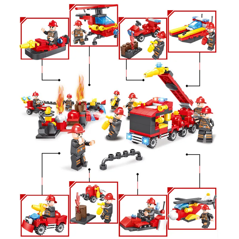 8 in 1 Fire Truck Helicopter Firefighter Building Blocks Compatible Legoed City Fireman Action Figures Enlighten Bricks For Kids | Игрушки и