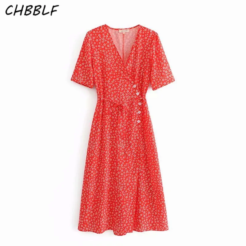CHBBLF женщины Креста V шеи floral wrap dress С симпатичным бантом галстук с коротким