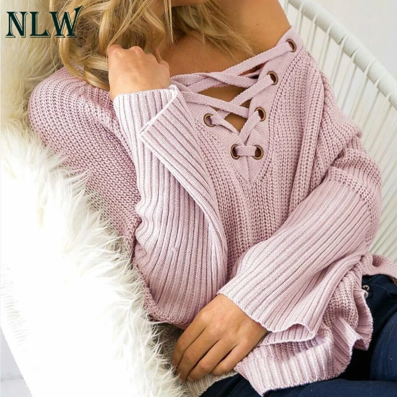 NLW Casual Knit Winter Women Sweater Lace Up High Street Sexy Sweate Pullovers Long Sleeve Solid White | Женская одежда