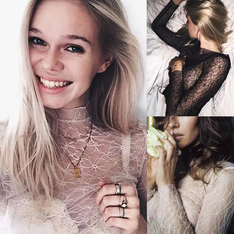 Модная женская Повседневная кружевная прозрачная блузка с длинным рукавом