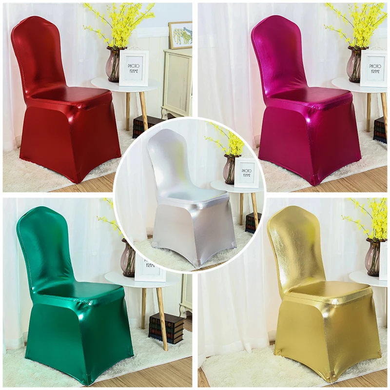 

Metallic Gold Silver Spandex Chair Cover Wedding Shiny Bronze Gold Silver Colour Lycra Chair Covers Decoration Wholesale