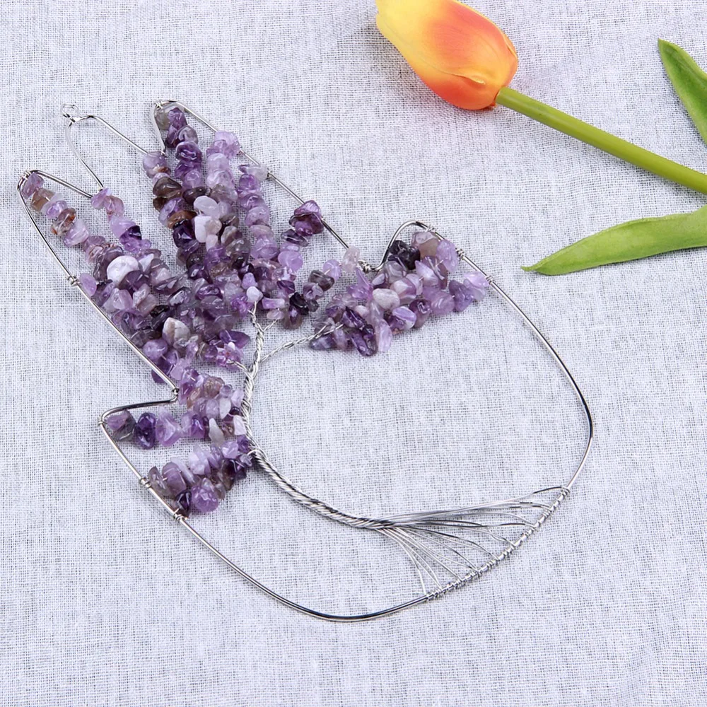 

Natural Purple Amethyst Crystals Chips Eternal Tree of Life Pendant Palm Shaped Alloy Plated Ornament Hanging Decoration 1pc