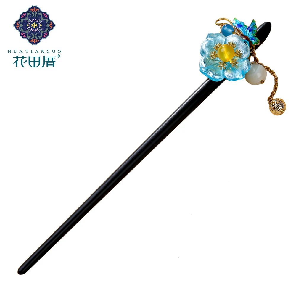 

Ethnic Handmade Hairpins Elegant Hair Sticks Black And Ebony BlueYellow Stone Bead Whtie Shell Bead Glass Flower Woman Jewelrty