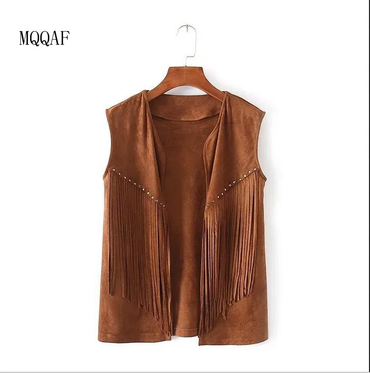 Жилет женский замшевый без рукавов с бахромой и кисточками|women waistcoat|tassel fringe
