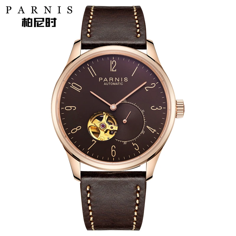 Механические Автоматические Мужские часы Parnis с коричневым циферблатом мужские
