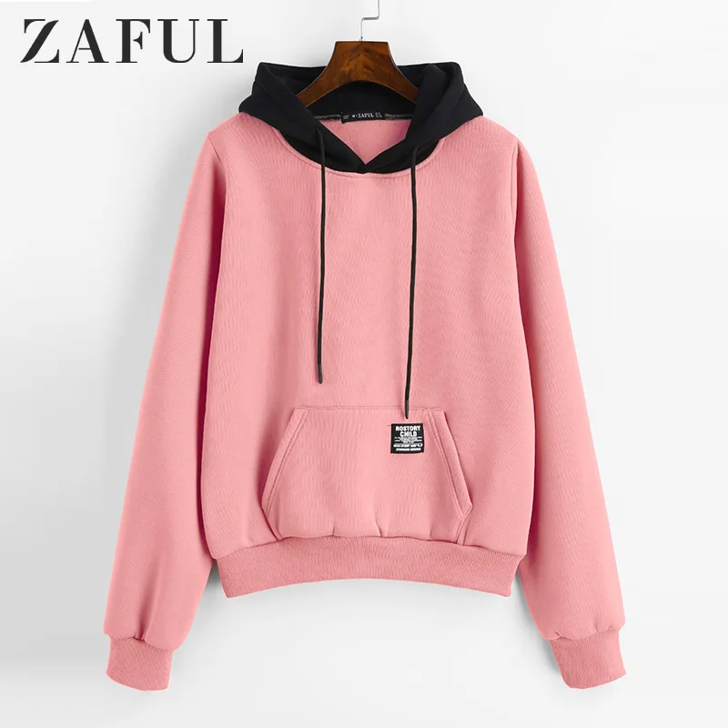 ZAFUL Толстовка для женщин Kawaii милые контрастные карамельные цвета толстовки реглан с длинным рукавом передний карман Drawsting толстовка с капюшоном