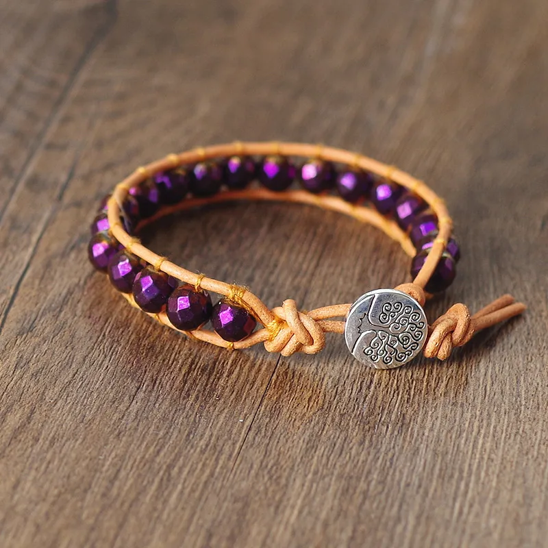 8 мм фиолетовые гематитовые бусины кожаные браслеты браслет с подвесками из