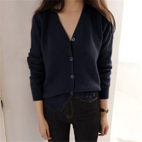 dark blue Кашемировый вязаный женский корейский стиль Vneck Тонкий однобортный Кардиган свитер сплошной цвет S-2XL - Цвет: dark blue