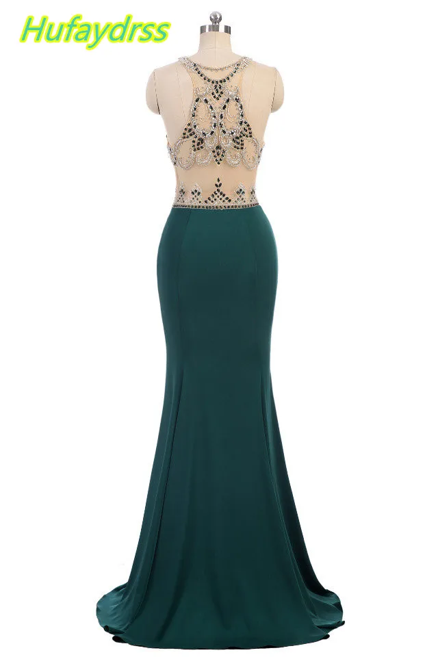 Вечерние платья Длинные 2018 темно-зеленый Бусины Кристалл Иллюзия Русалка Vestido De