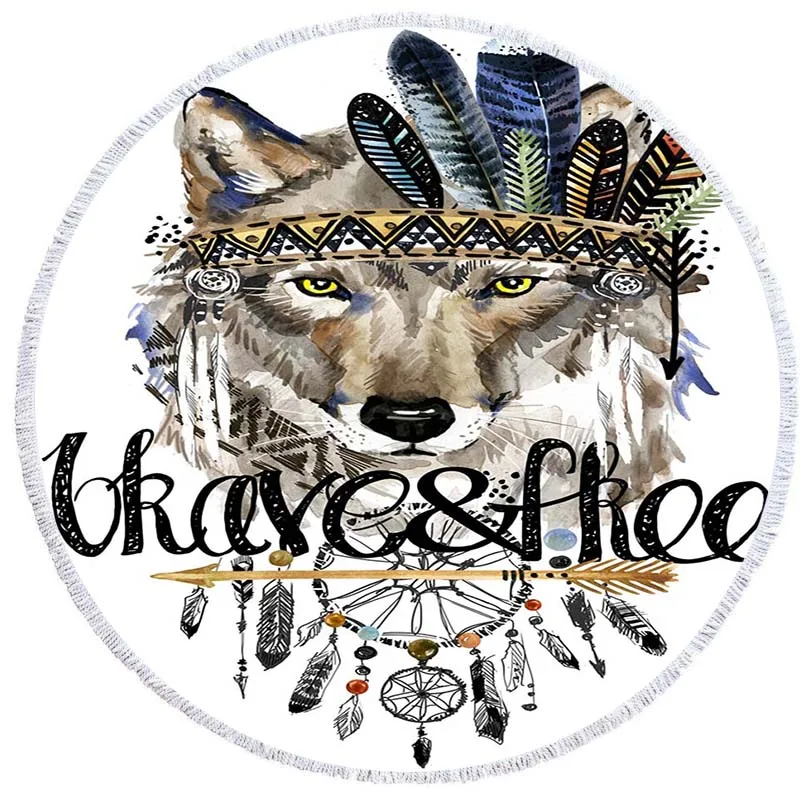 

Free shipping Gift Cool Tiger Wolf Dream Catcher Brave Word Print Fringed Tassel Large Round Bath Swim beach towel Blanket 150cm