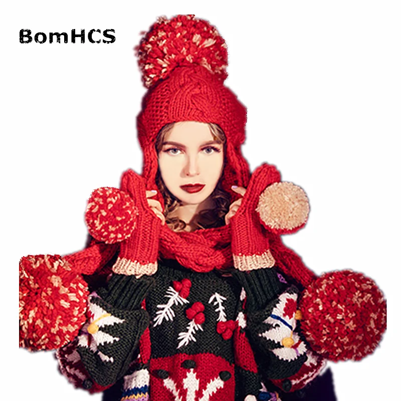 BomHCS Cute Big Pompoms (2PCS)Scarf with Beanie +Gloves 100% Handmade Knitted Hat Neckerchief Mittens