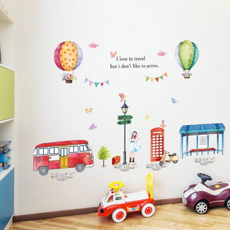 

cartoon hot air balloon street view large wall stickers for kids room decor diy art decals removable pvc sticker