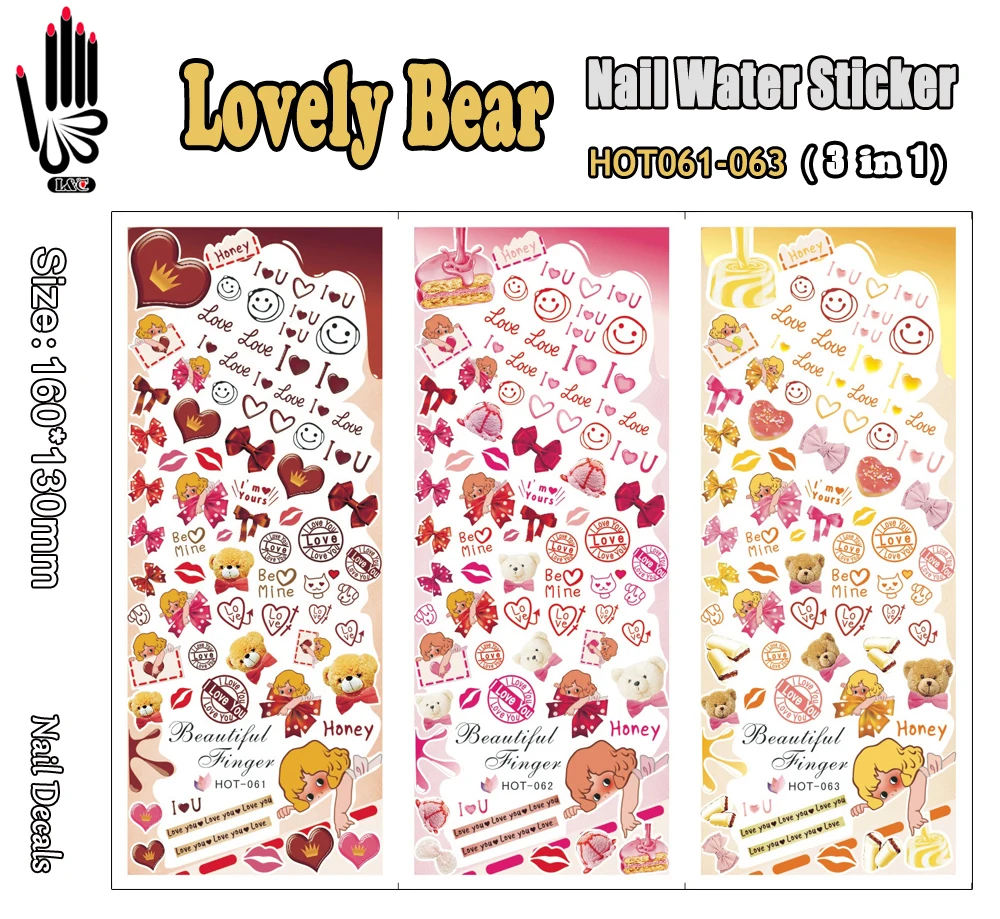 

Наклейки для ногтей, 3 листа в наборе, HOT061-063 милый мультяшный медведь, наклейки для дизайна ногтей, водные наклейки для украшения ногтей (3 ви...