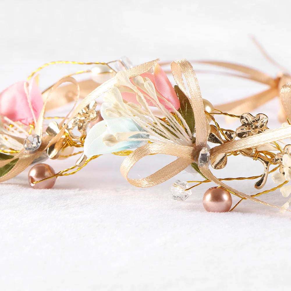 Модная богемная стильная Свадебная Женская Цветочная корона, повязка для волос, свадебная Цветочная повязка на голову, гирлянда, Фестивальная лента, бант, цветочный головной убор