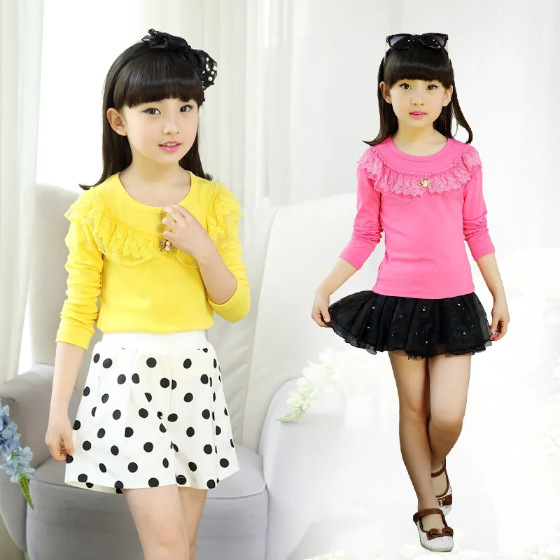 Детская Весенняя хлопковая футболка с длинными рукавами для девочек кружевная