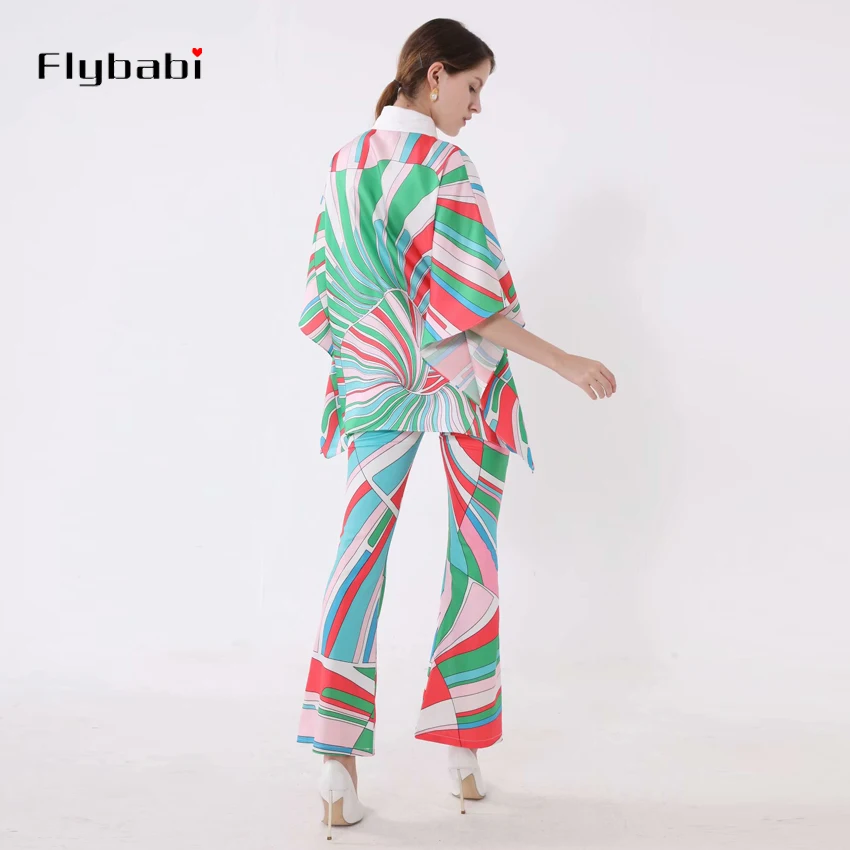 

stripe print Women's Sets shirt Chiffon Turn-down Collar Flare Sleeve top and Flared trousers Ankle-Length Pants summer 2021