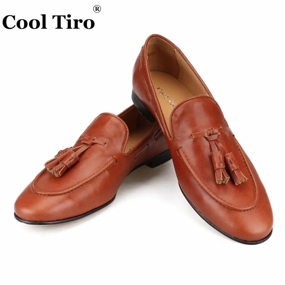 COOL TIRO Tassels Loafers Men Moccasins Slippers Wedding Men's Dress Shoes Business Flats Casual Genuine Leather Brown | Обувь