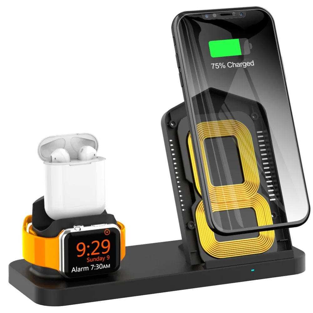 Обновленная Беспроводная зарядная подставка для iPhone X Xs MAX XR 8 plus AirPods док-станция для зарядки зарядное устройство для Apple Watch серии 4/3/2/1