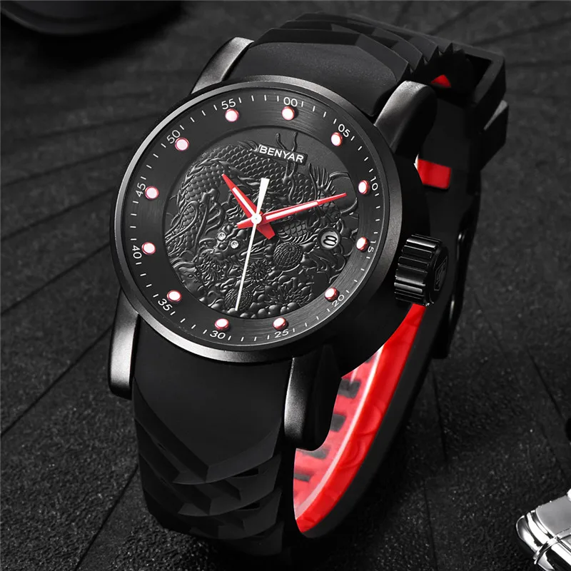 Relogio Masculino BENYAR Men Watch Waterproof Sport Rubber Wristwatch Top Brand Luxury Dragon Business Military Army Male Clock | Наручные
