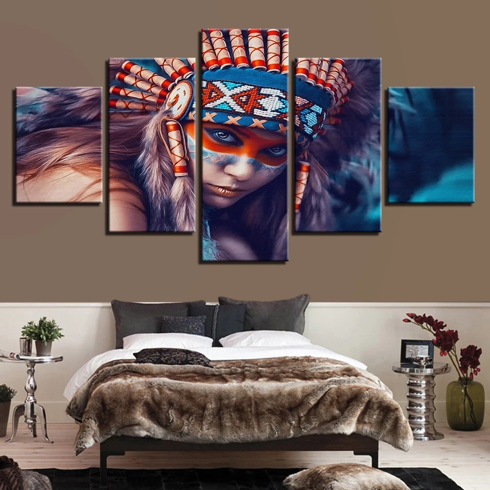 

Canvas Paintings For Living Room Home Wall Art Decor 5 Pieces Indians Girl Feather Pictures HD Prints Abstract Posters no frame