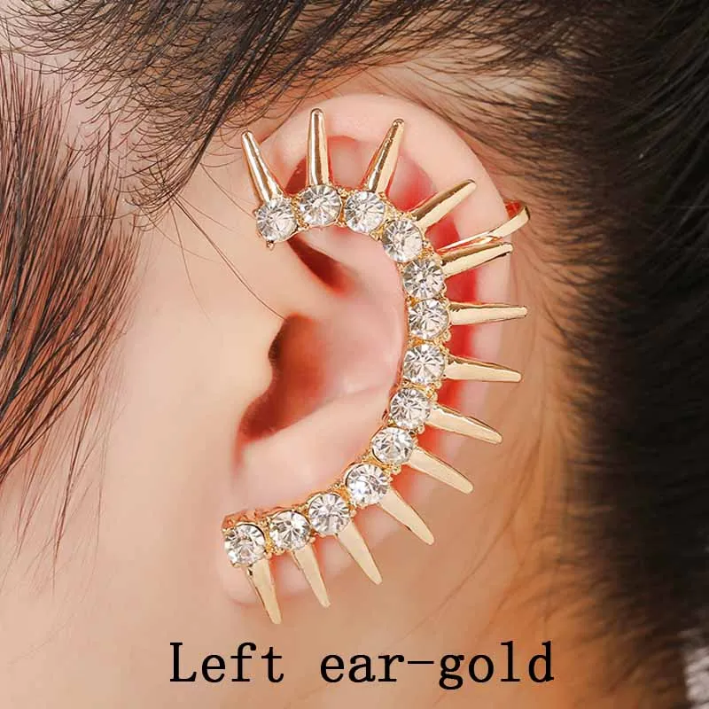 left ear gold Серьги в стиле панк с заклепками, серьги-манжеты, трендовые инкрустированные стразы, цинковый сплав, серьги-манжеты в готическом стиле, вечерние ювелирные изделия, серьги-клипсы - Окраска металла: left ear gold