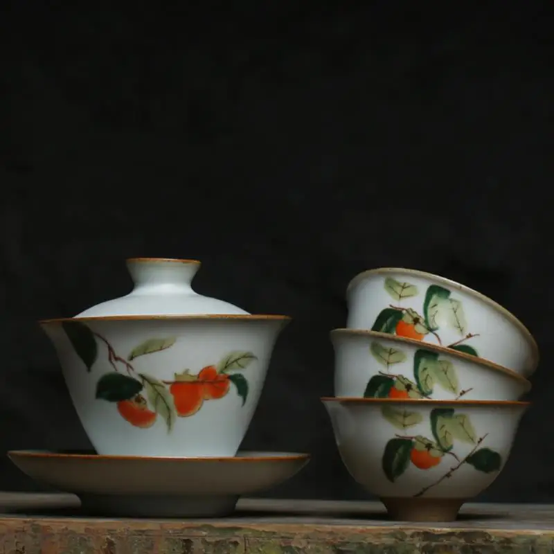 &quotKingTeaMall&quot фарфор Gaiwan чайная чашка с рисунком хурмы Gonfu Teawares teates Teatools