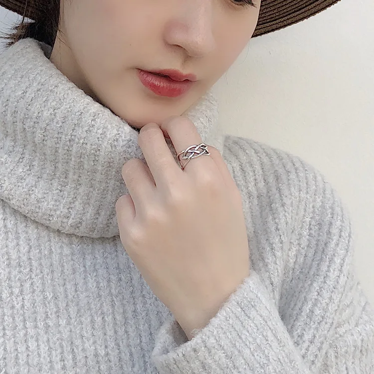 YPAY Vintage Hollow Woven Open Rings for Women Real 925 Sterling Silver Finger Ring Bague Fine Accessories Jewelry Gift YMR096 | Украшения