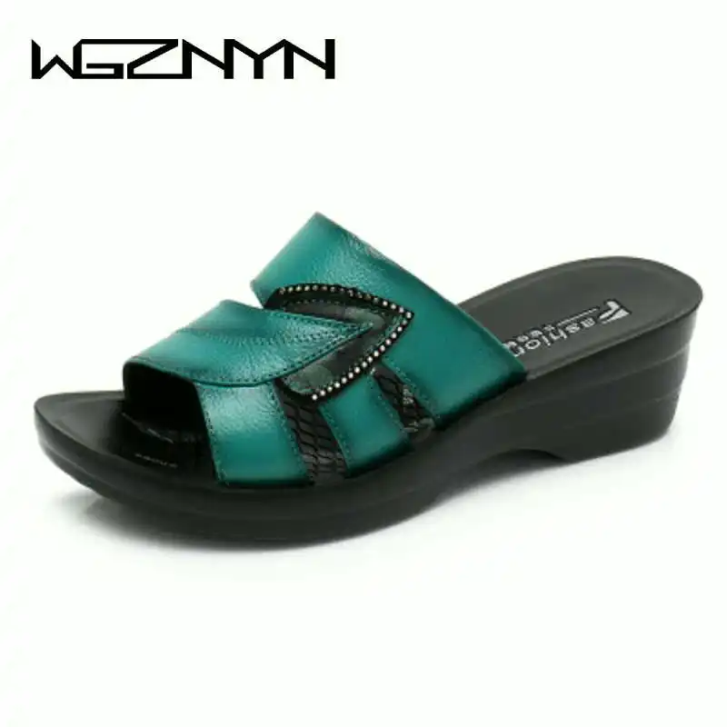 

WGZNYN New Hot Sale Shoes Woman Summer Slip On Leather Open Toe Sandals Women Flip Flops Wedges Platform Ladies Beach Shoes W405