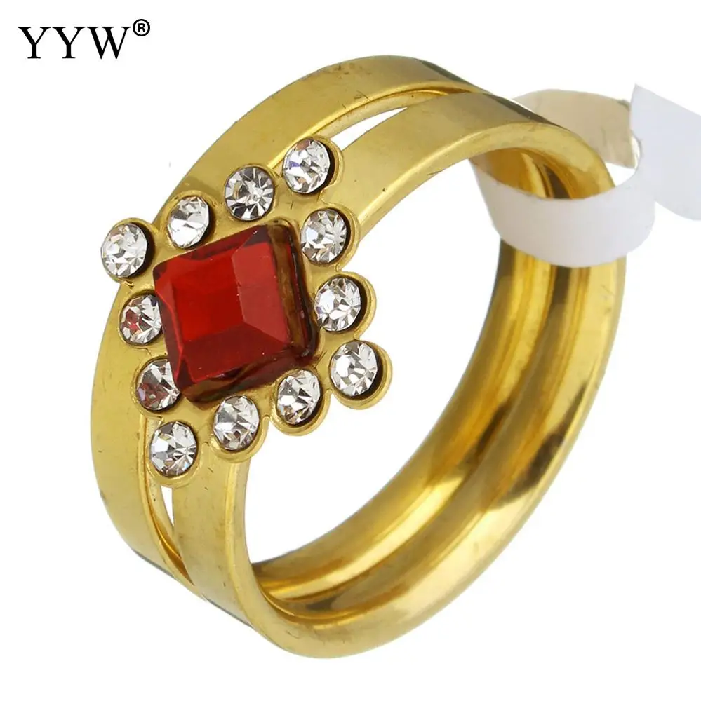 rings for women fashion jewelry stainless steel ring set crystal rhombus gold color plated woman with rhinestone 2PC | Украшения и