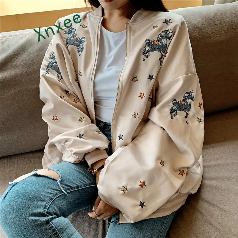 

Xnxee 2019 Spring jacket New women embroidered baseball uniform oversized coat female crop top coat female pilot bomber jacket