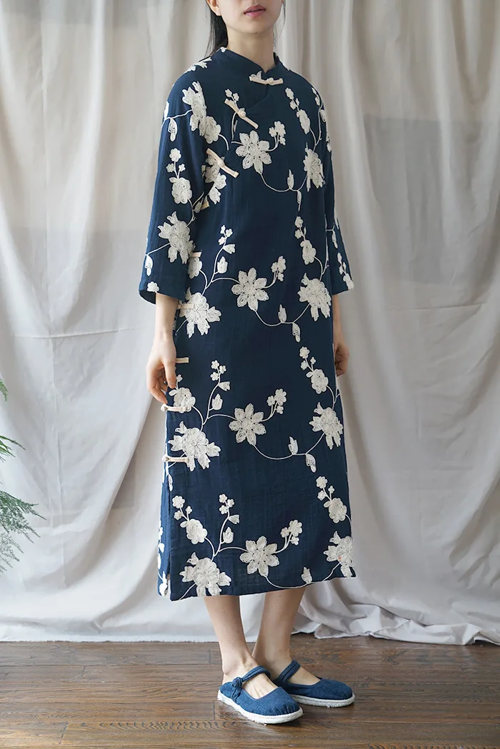 Johnature женское винтажное платье Cheongsam с вышивкой и стоячим воротником весеннее Новое Оригинальное женское хлопковое китайское платье с пуговицами