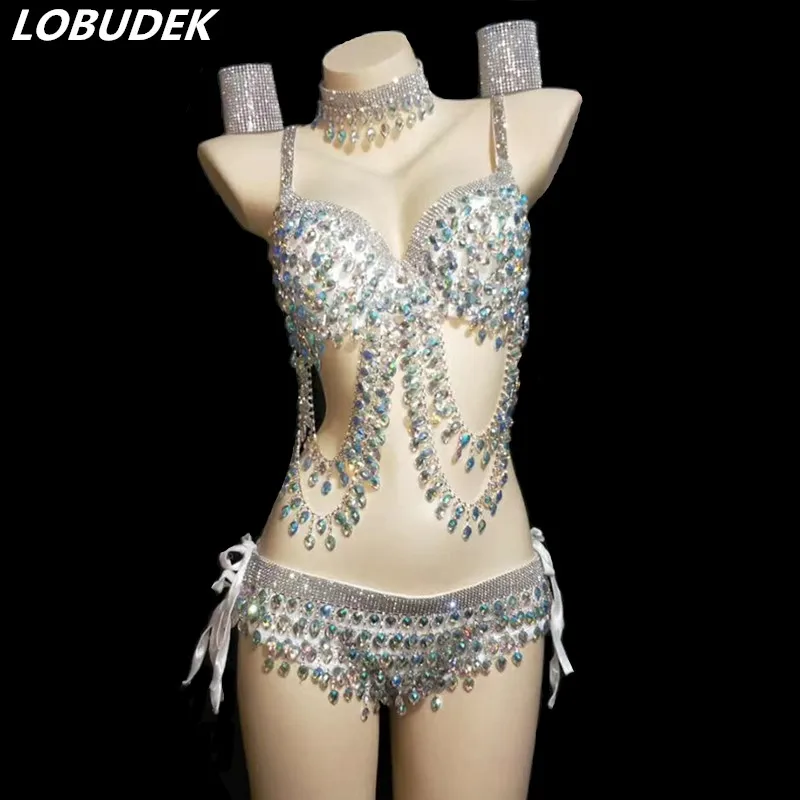 (Ожерелье + бар шорты манжета) блестящие стразы бикини женский комплект для бара