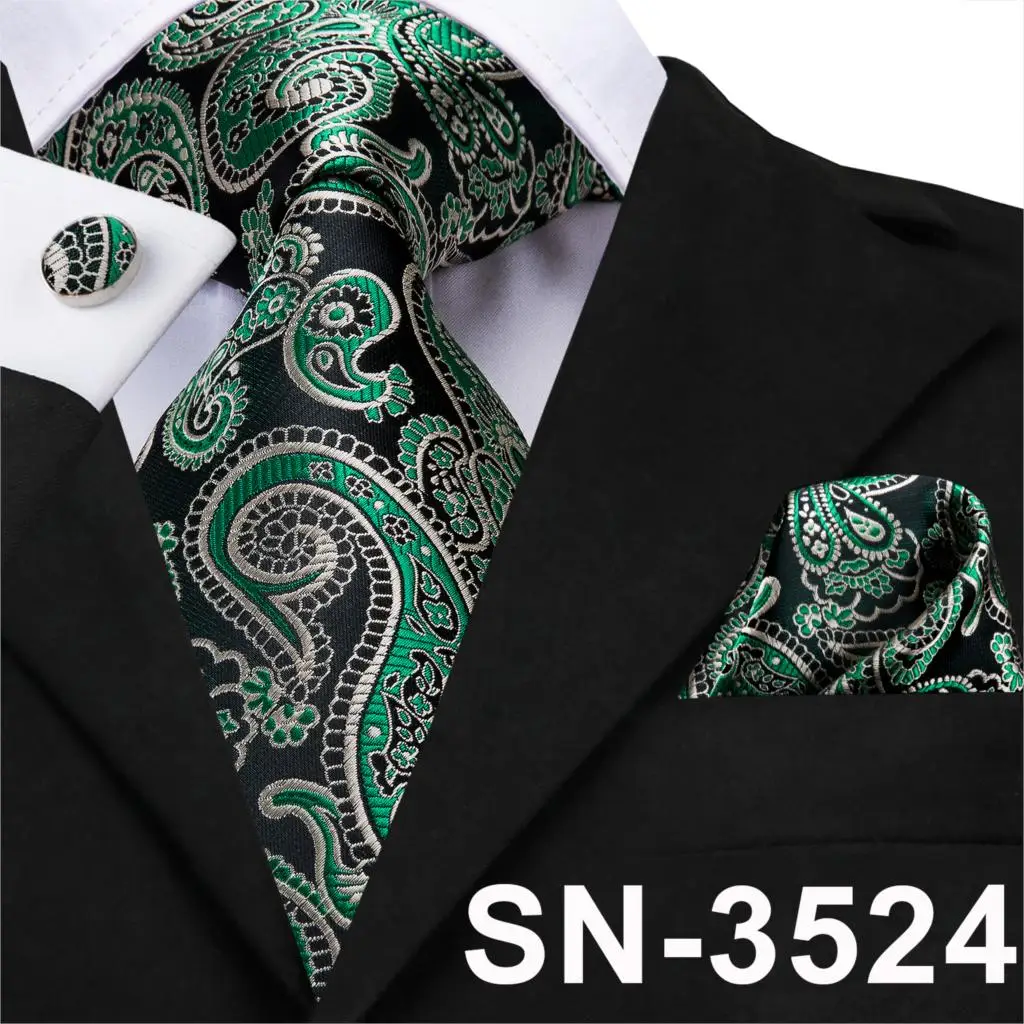 SN-3524 Hi-Tie Мужской Шелковый галстук клетчатый зеленый/синие галстуки Hanky набор запонок подарок полосатый галстук подарок для свадебной вечеринки Прямая поставка - Цвет: SN-3524