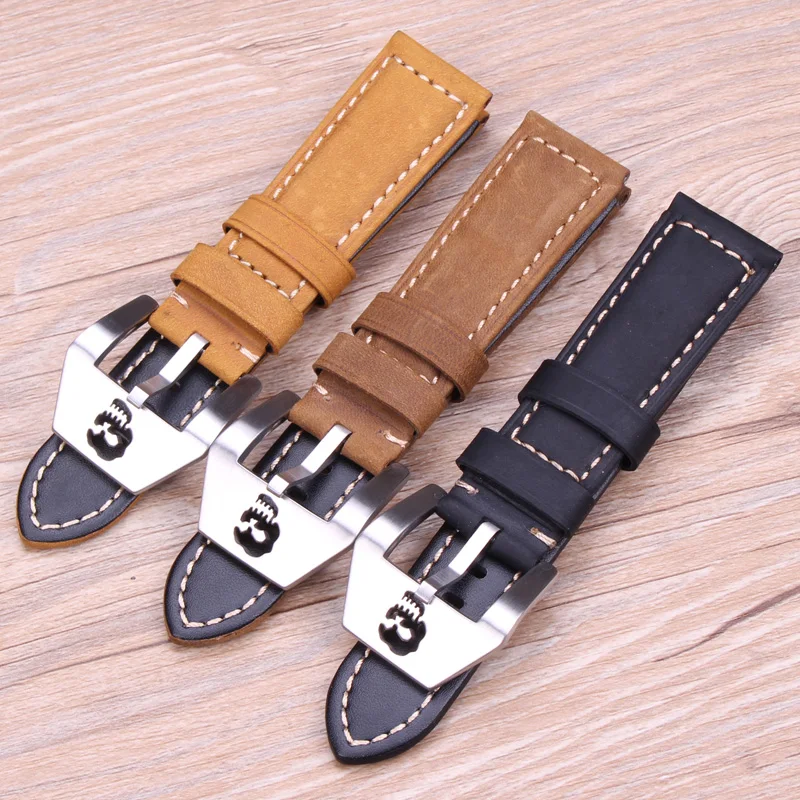 

22mm 24mm Italy Genuine Leather Vintage Watch Band Strap Men Women Brown Yellow Black Bracelet Wristwatches With Skull Buckle