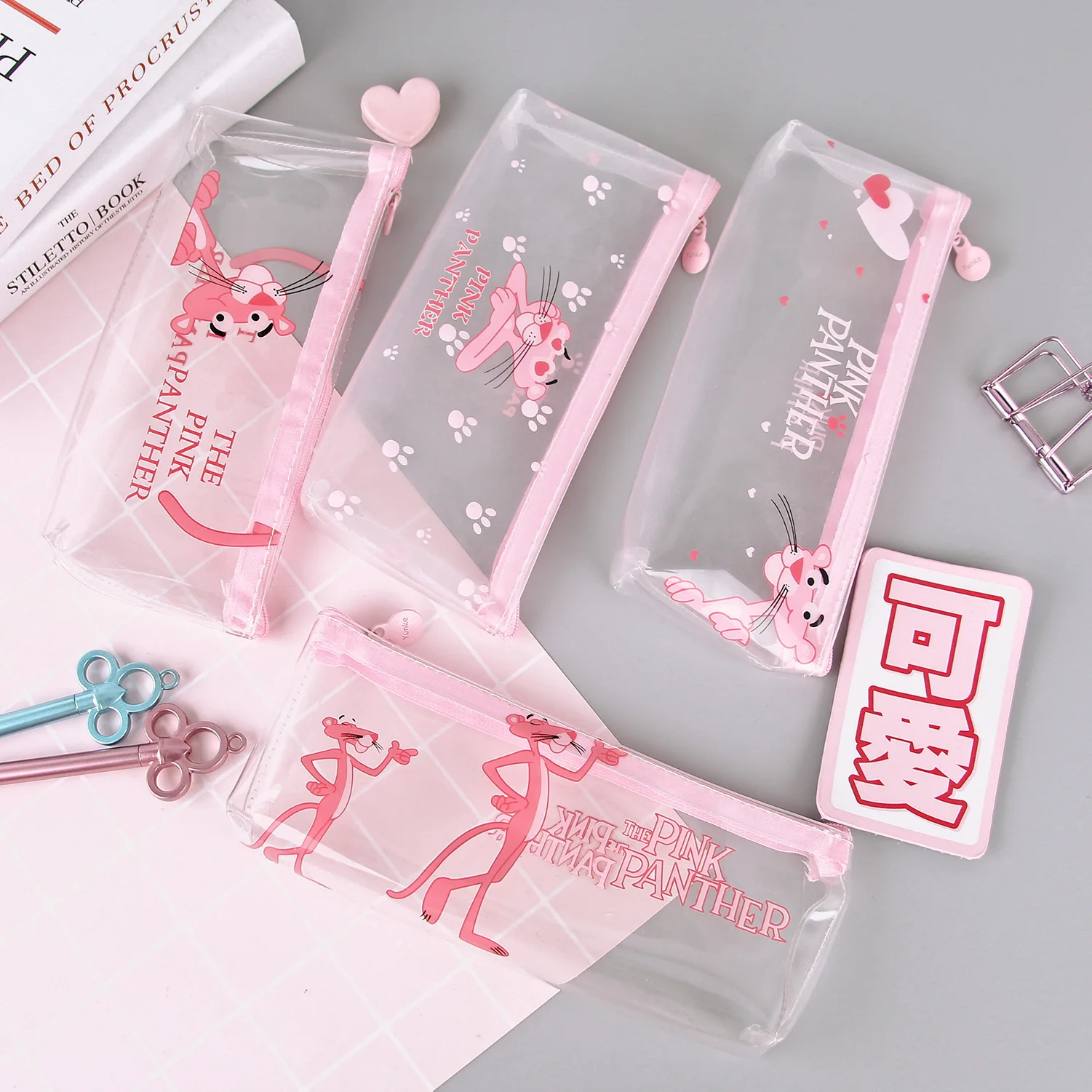 Милый прозрачный чехол-карандаш с рисунком из мультфильма Kawaii Розовая пантера, большая сумка-карандаш для девочек, для детей, для офиса, школы, канцелярские принадлежности