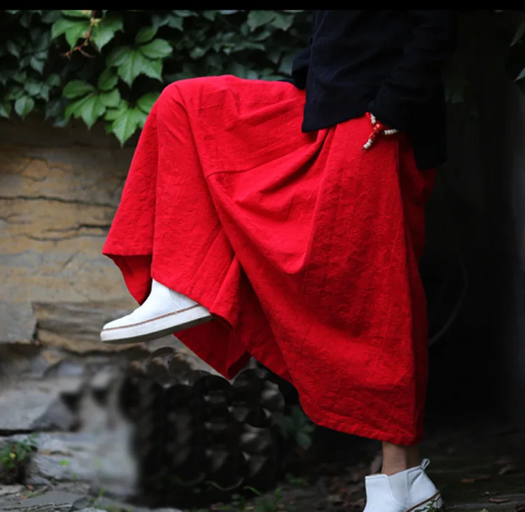 Свободные прямые яркие красные женские хлопковые льняные брюки до щиколотки с