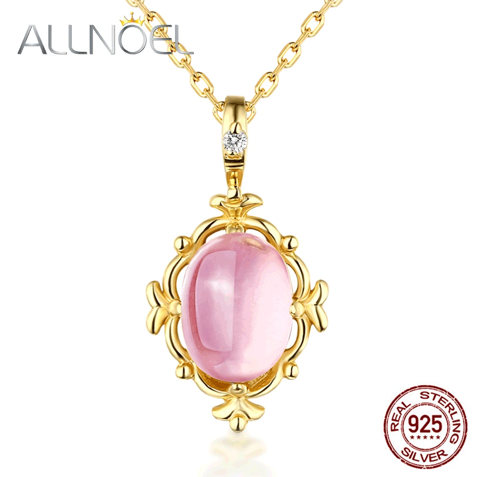 ALLNOEL Natural Opal Rose Quartz Pendant Charm Necklace For Women Solid 925 Sterling Silver Vintage Luxury Fine Jewelry Gifts