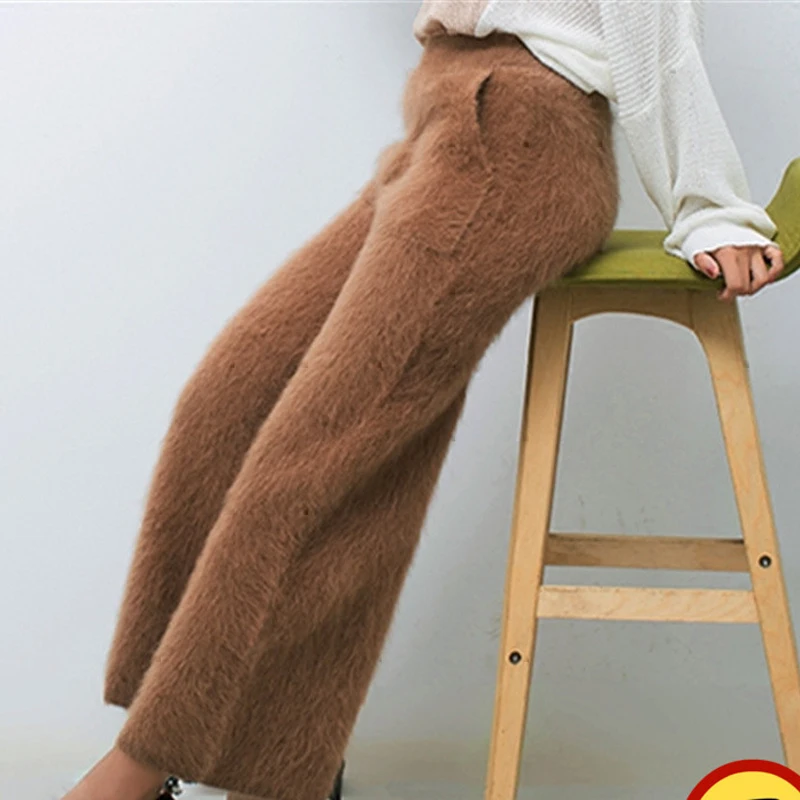 Women's winter mink cashmere knitted trousers thick warm wide leg pants free shipping