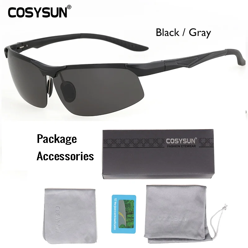 Black GrayBriefPKG COSYSUN, Брендовые мужские солнцезащитные очки, мужские поляризованные солнцезащитные очки, без оправы, алюминиевый сплав, зеркальные линзы, солнцезащитные очки для вождения, Oculos de sol CS0511 - Цвет линз: Black GrayBriefPKG