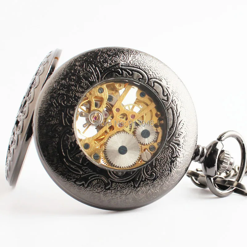 Лидер продаж винтажные черные открытые Механические карманные часы высокого
