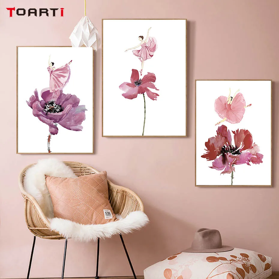 В скандинавском стиле акварельная танцовщица на холсте с цветочным рисунком