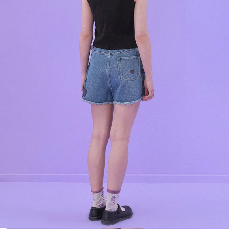 Женские джинсовые шорты винтажные с высокой талией рваные принтом медведя лето