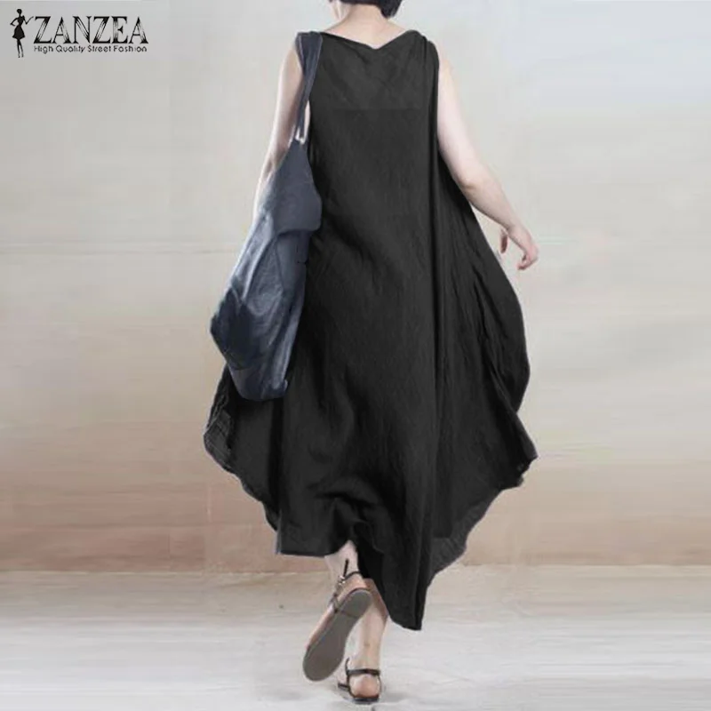 Женское Ассиметричное платье на бретелях Vestido ZANZEA, льняное платье-Кафтан размера плюс, женское повседневное летнее платье без рукавов