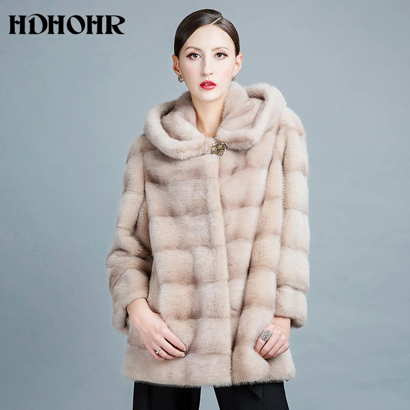 Женские шубы с капюшоном HDHOHR теплые из натурального меха норки длинным рукавом