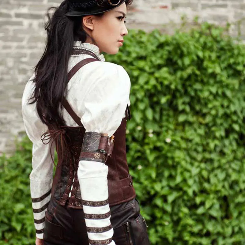 Женский корсет в стиле стимпанк коричневый из искусственной кожи золотистого