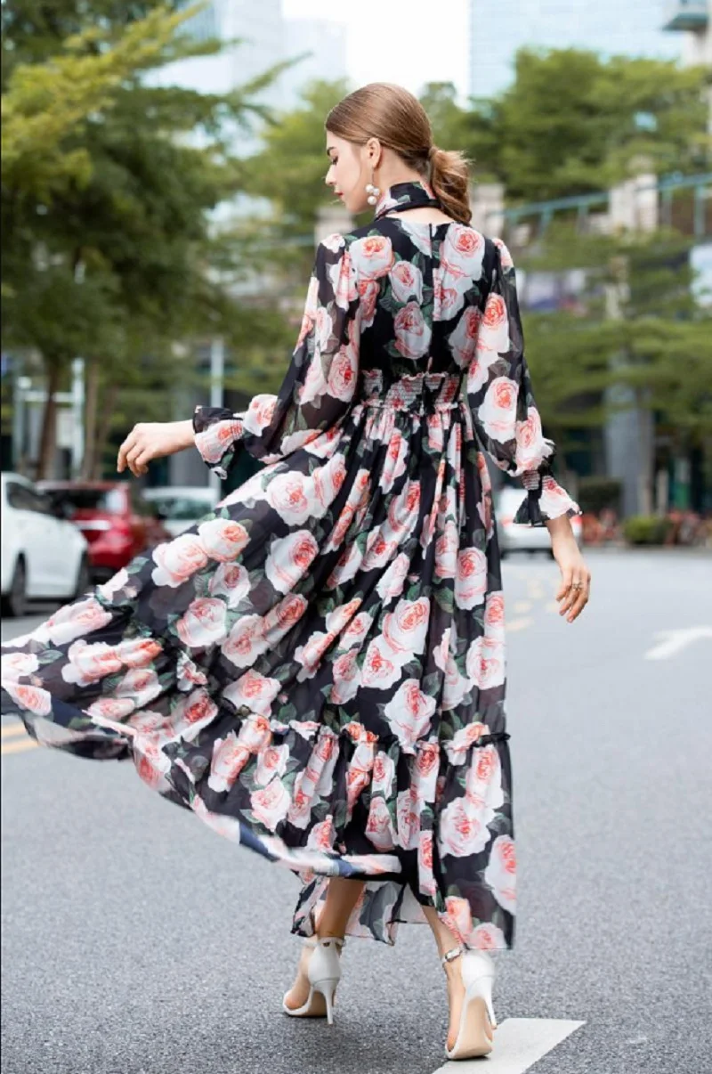 2020 spring summer long sleeve floral print chiffon elegant holiday o-neck waist elastic new arrival exquisite ladies dress | Женская