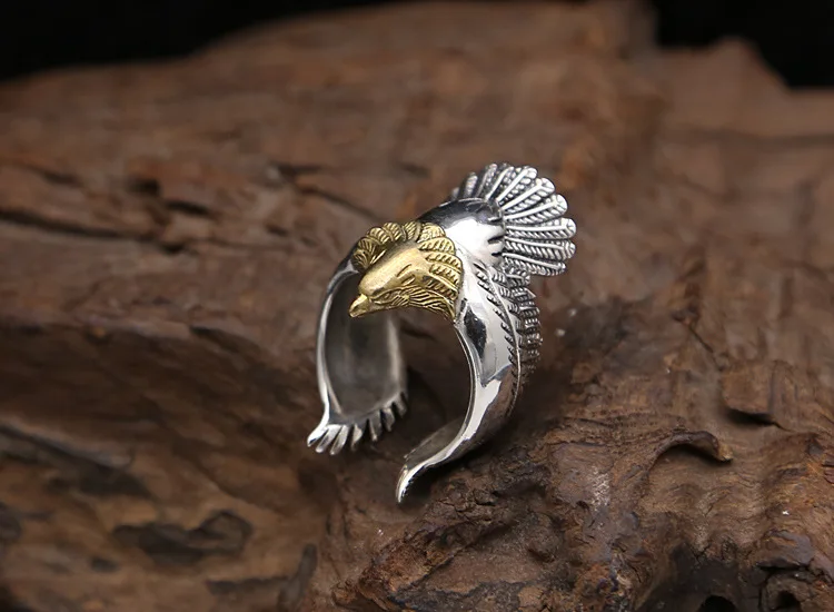 Vintage Indian Style Eagle Cuff Ring Men 100% Solid 925 Sterling Silver Designer Jewelry Free Gift Box Top Quality 10.7g | Украшения и