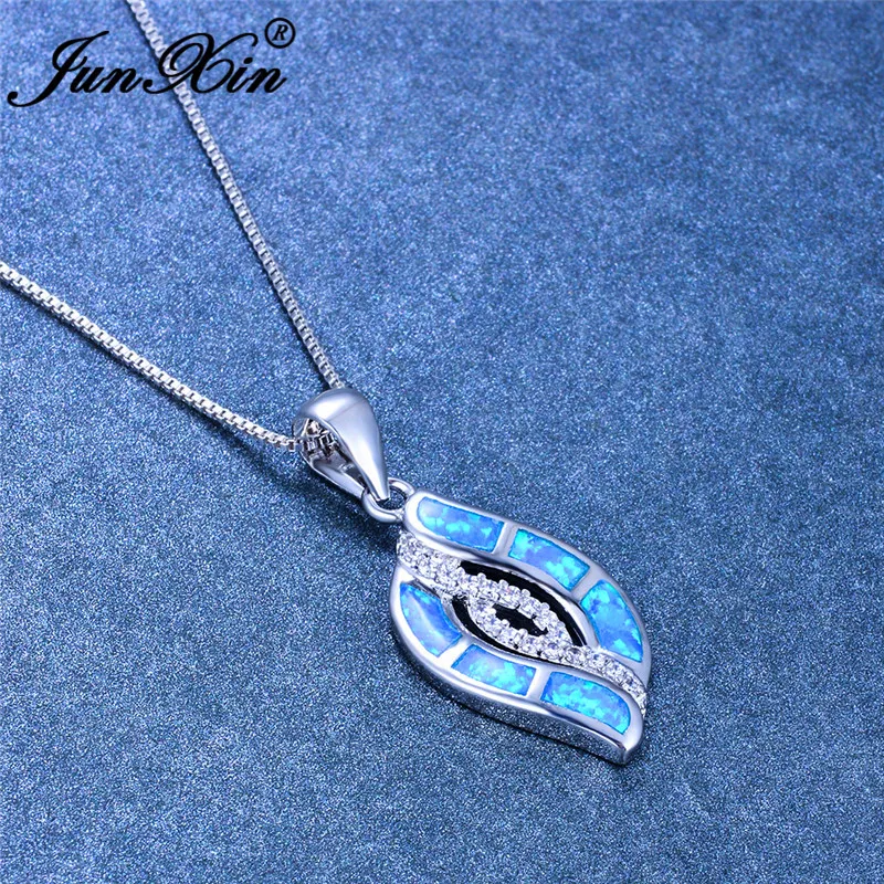 JUNXIN Plant Tree Leaf Pendant Blue White Fire Opal Necklaces For Women Silver Color Zircon Infinity Necklace Wedding Gifts | Украшения и